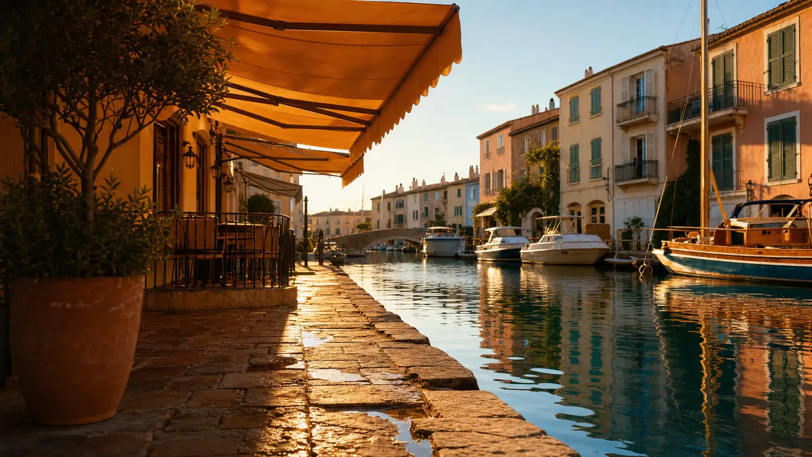 Beaux villages autour de sainte-maxime : Port-Grimaud au golden hour, canaux et façades pastel
