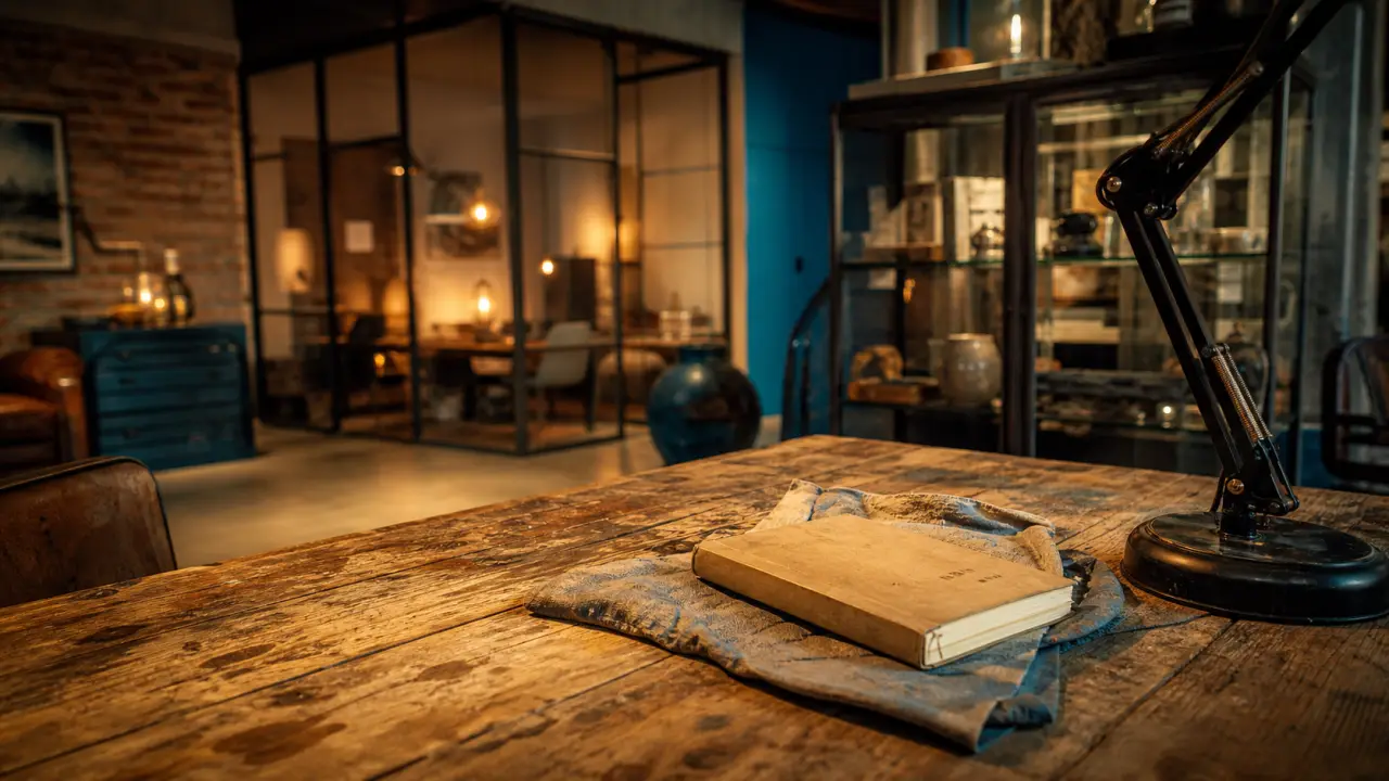 Déco atelier : table bois récupéré, verrière et meubles en matières.