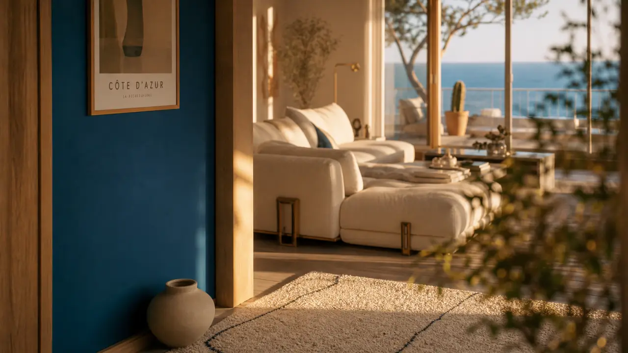 Déco bleu Majorelle en mur d'accent dans un intérieur contemporain