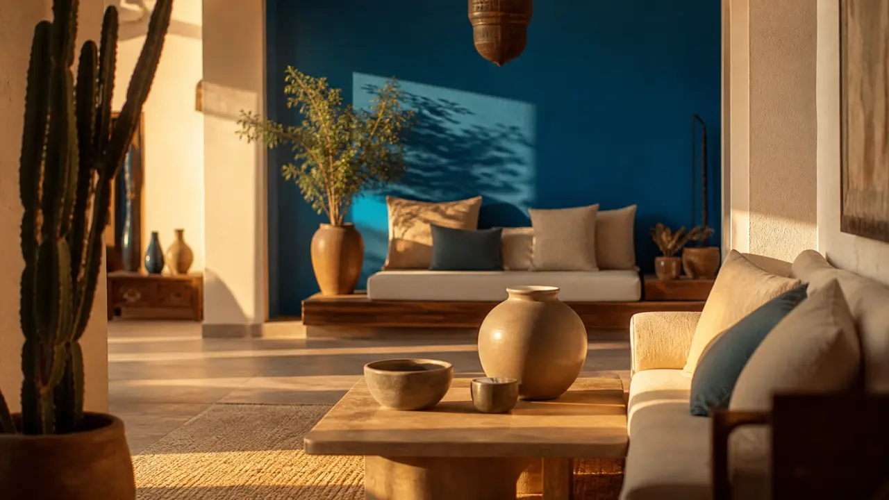 Deco bleu majorelle : mur accent bleu profond dans un salon clair