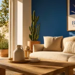 Deco bleu majorelle en salon contemporain, mur outremer violacé