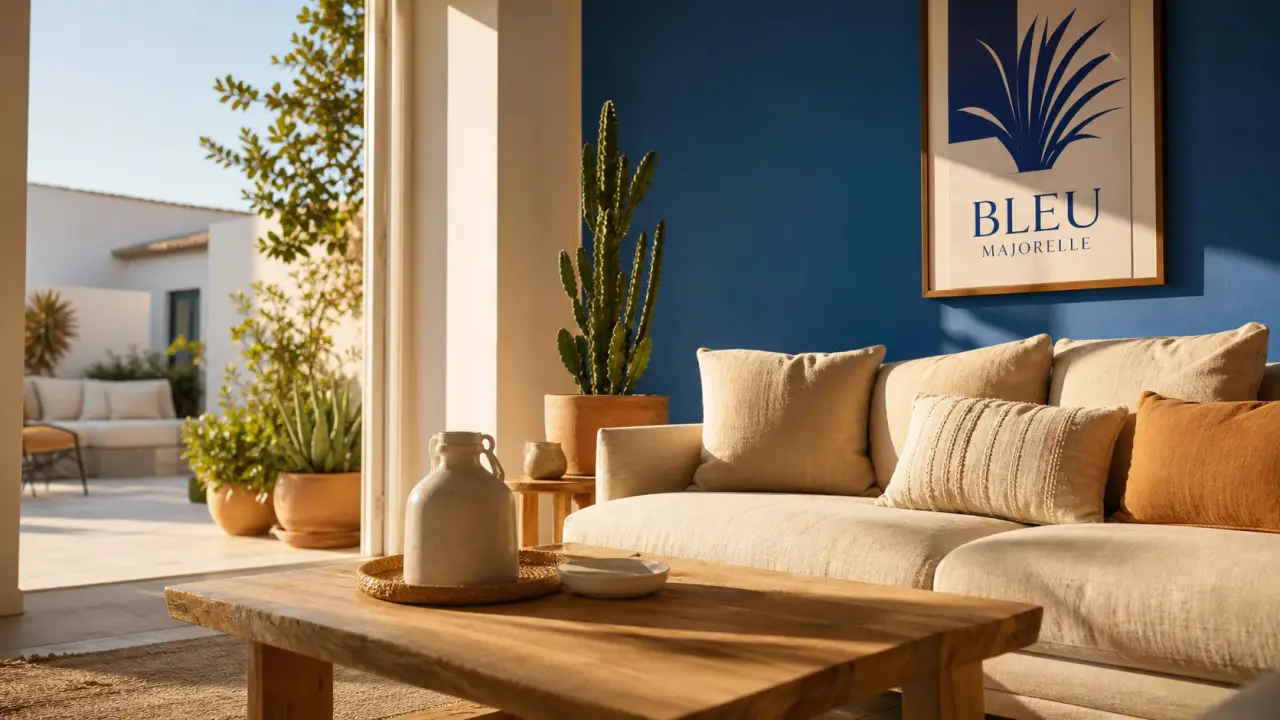 Deco bleu majorelle en salon contemporain, mur outremer violacé
