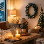 Déco hiver maison : salon cosy, bougies et plaid près d’une fenêtre