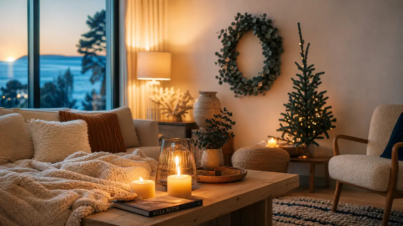 Déco hiver maison : salon cosy, bougies et plaid près d’une fenêtre