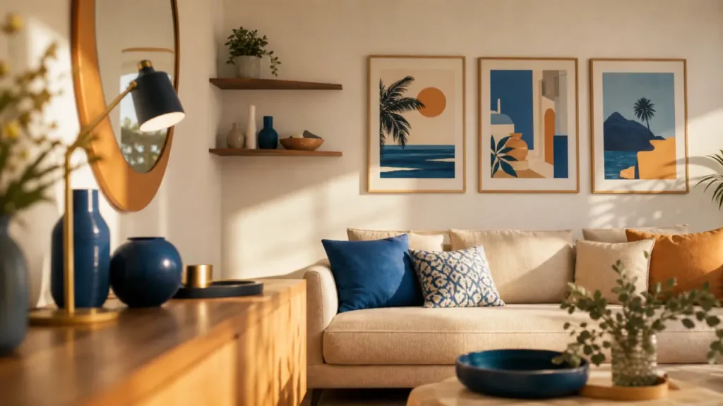 Décorer mur blanc : cadres, miroir rond et étagères flottantes dans un salon lumineux