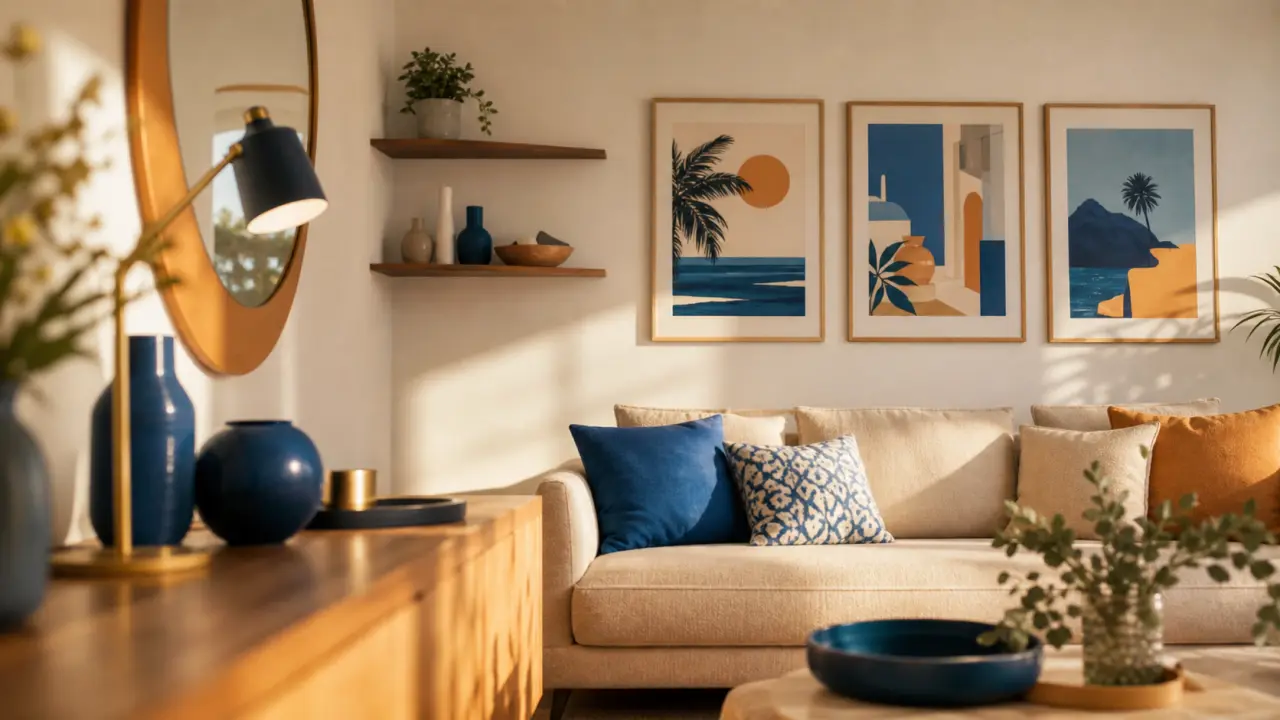 Décorer mur blanc : cadres, miroir rond et étagères flottantes dans un salon lumineux