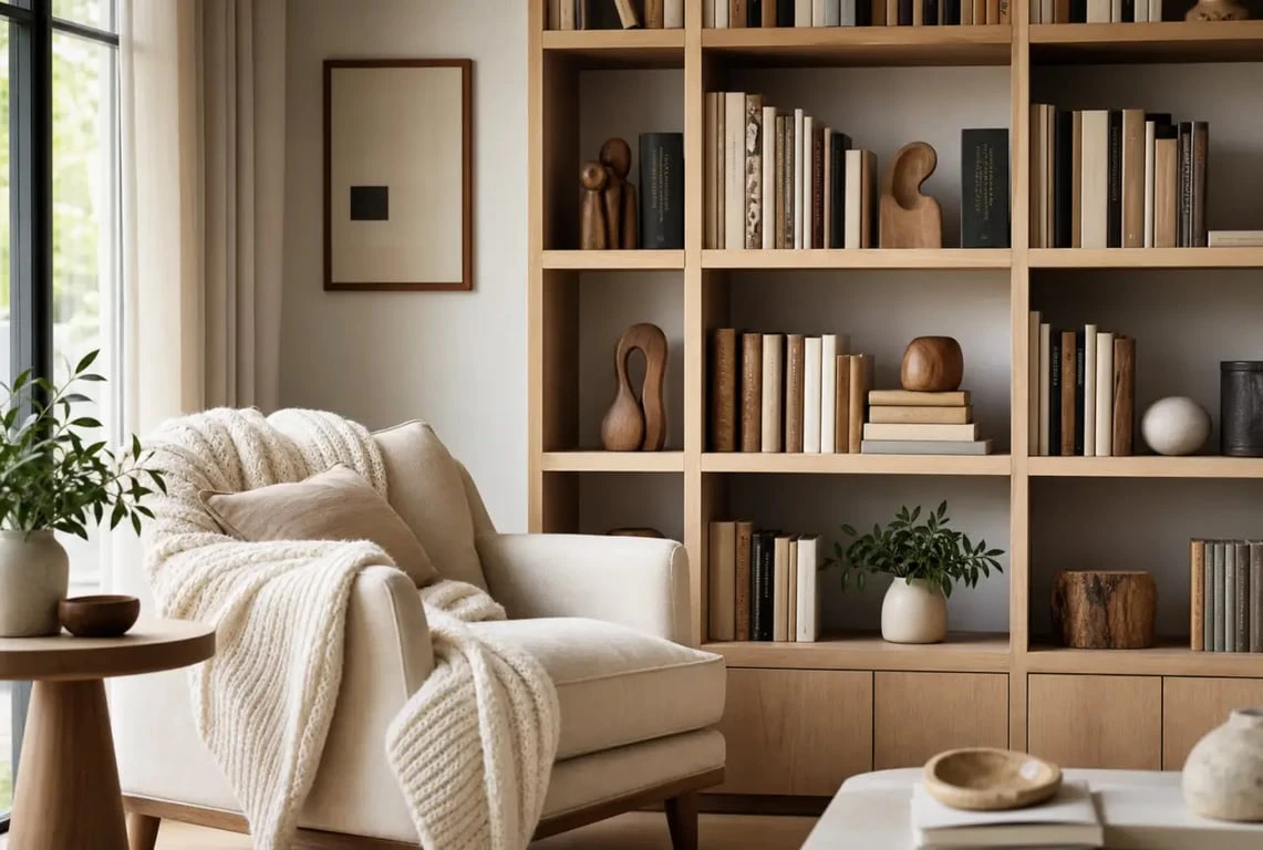 Décoration bibliothèque dans un salon chaleureux avec livres et objets en bois personnalisés
