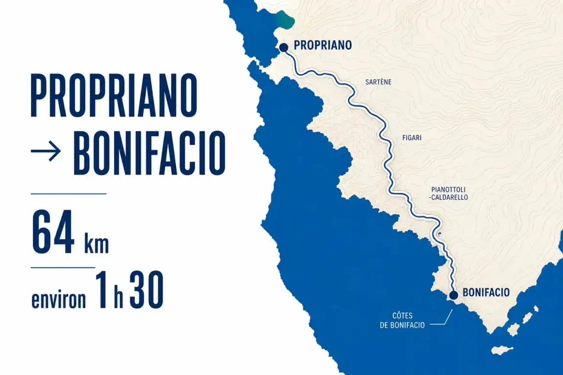 Propriano Bonifacio distance : visuel éditorial du trajet de 64 km en Corse-du-Sud