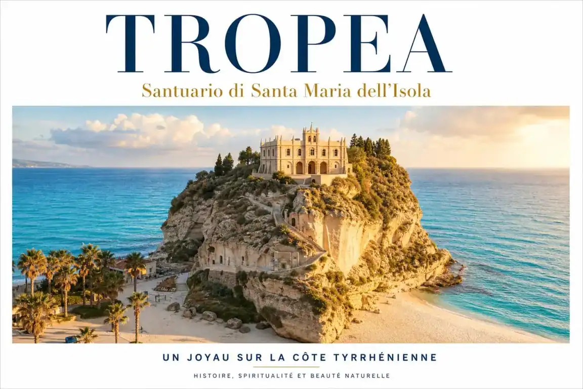 Vue panoramique de la plage de Tropea et du Santuario di Santa Maria dell’Isola en Calabre