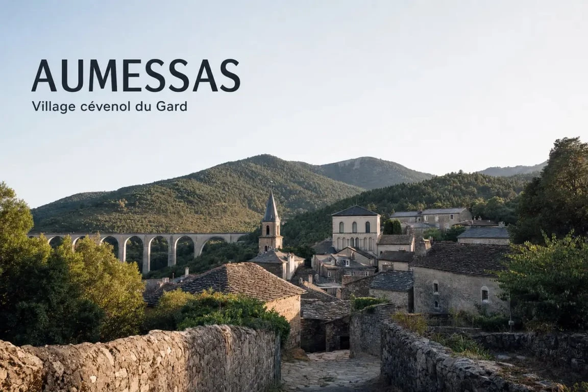 Aumessas, village cévenol du Gard avec ruelles en calades et viaduc ferroviaire