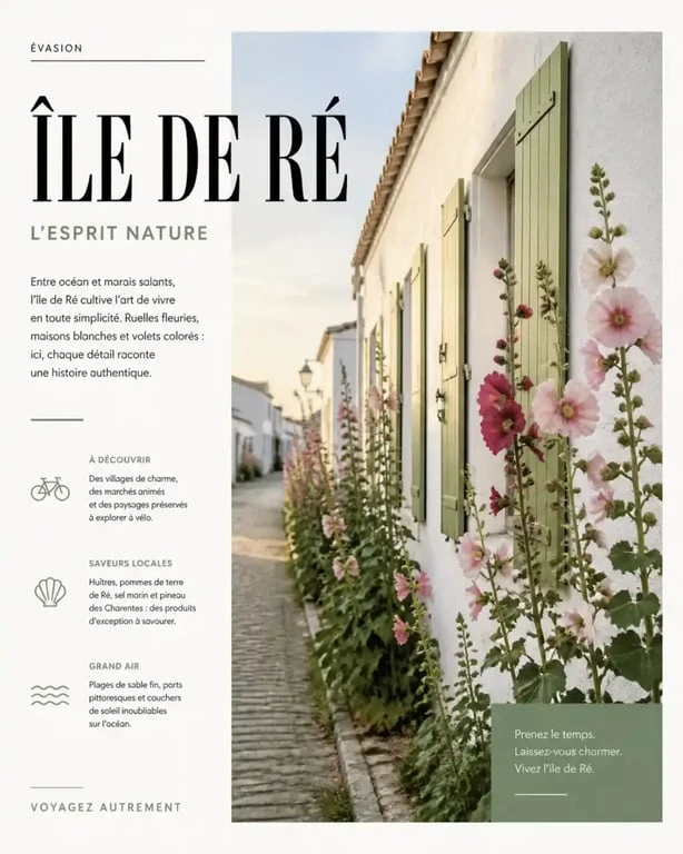 Ruelle fleurie typique avec roses trémières sur l'île de Ré, idéale pour une balade lors de votre séjour.