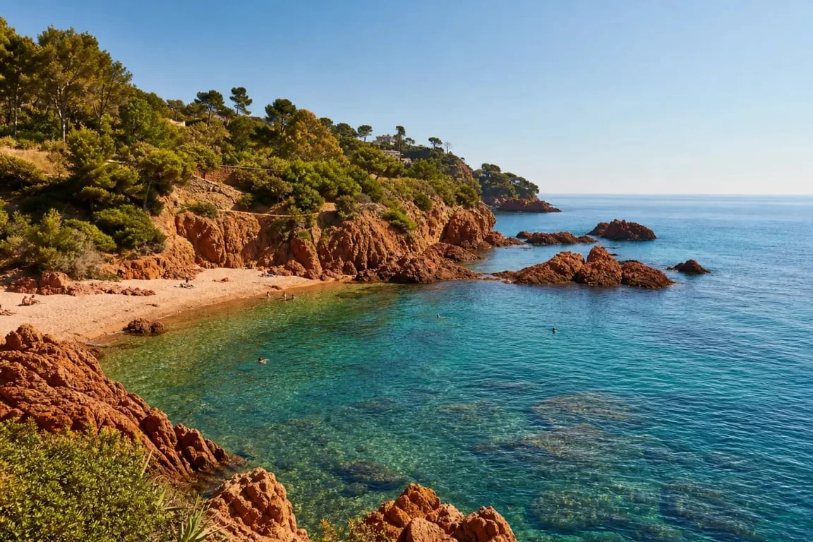 Plage de la Pointe de l’Aiguille à Théoule-sur-Mer, crique sauvage aux roches rouges de l’Estérel et eau turquoise