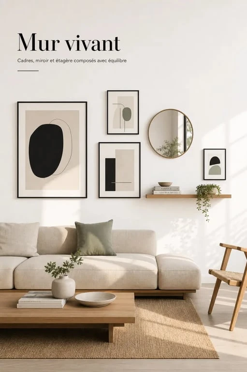 Décorer mur blanc dans un salon lumineux avec cadres, miroir et étagère flottante