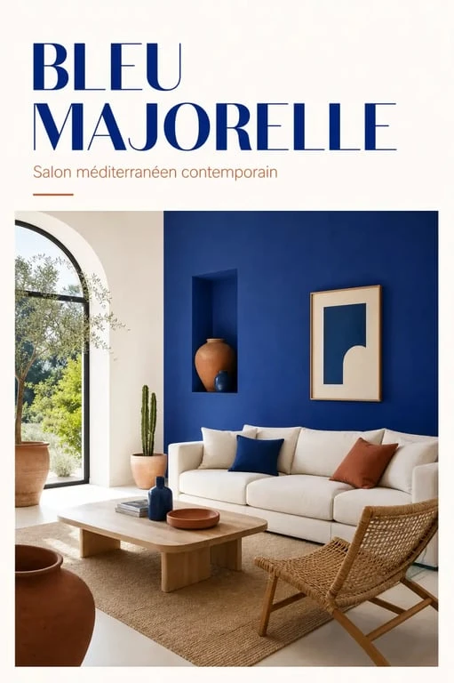 Déco bleu Majorelle dans un salon contemporain lumineux avec mur d’accent et matières naturelles