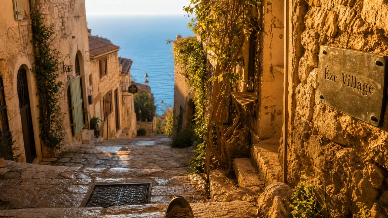 eze village cote d'azur france : ruelle médiévale et vue mer au golden hour