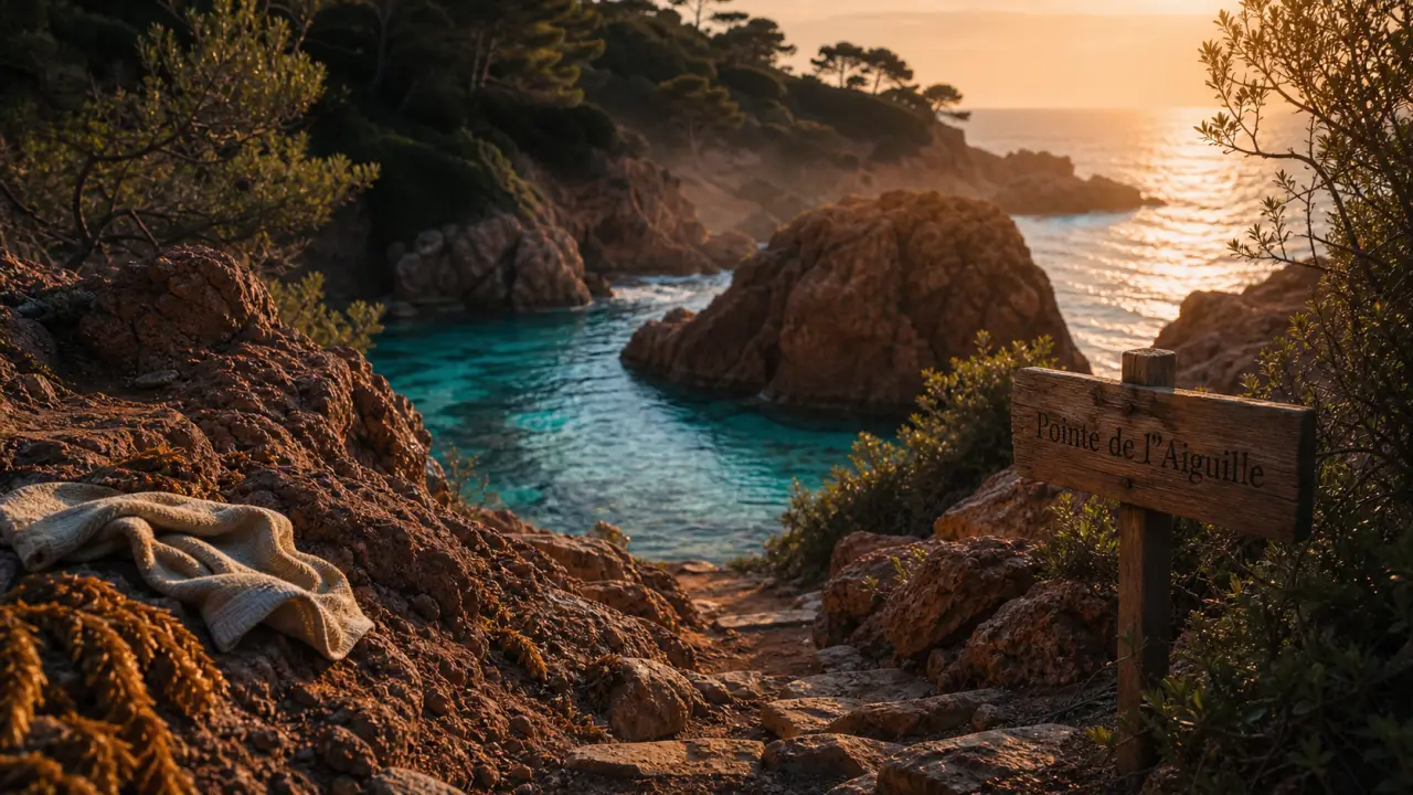 Plage de la pointe de l’aiguille : crique turquoise et roches rouges