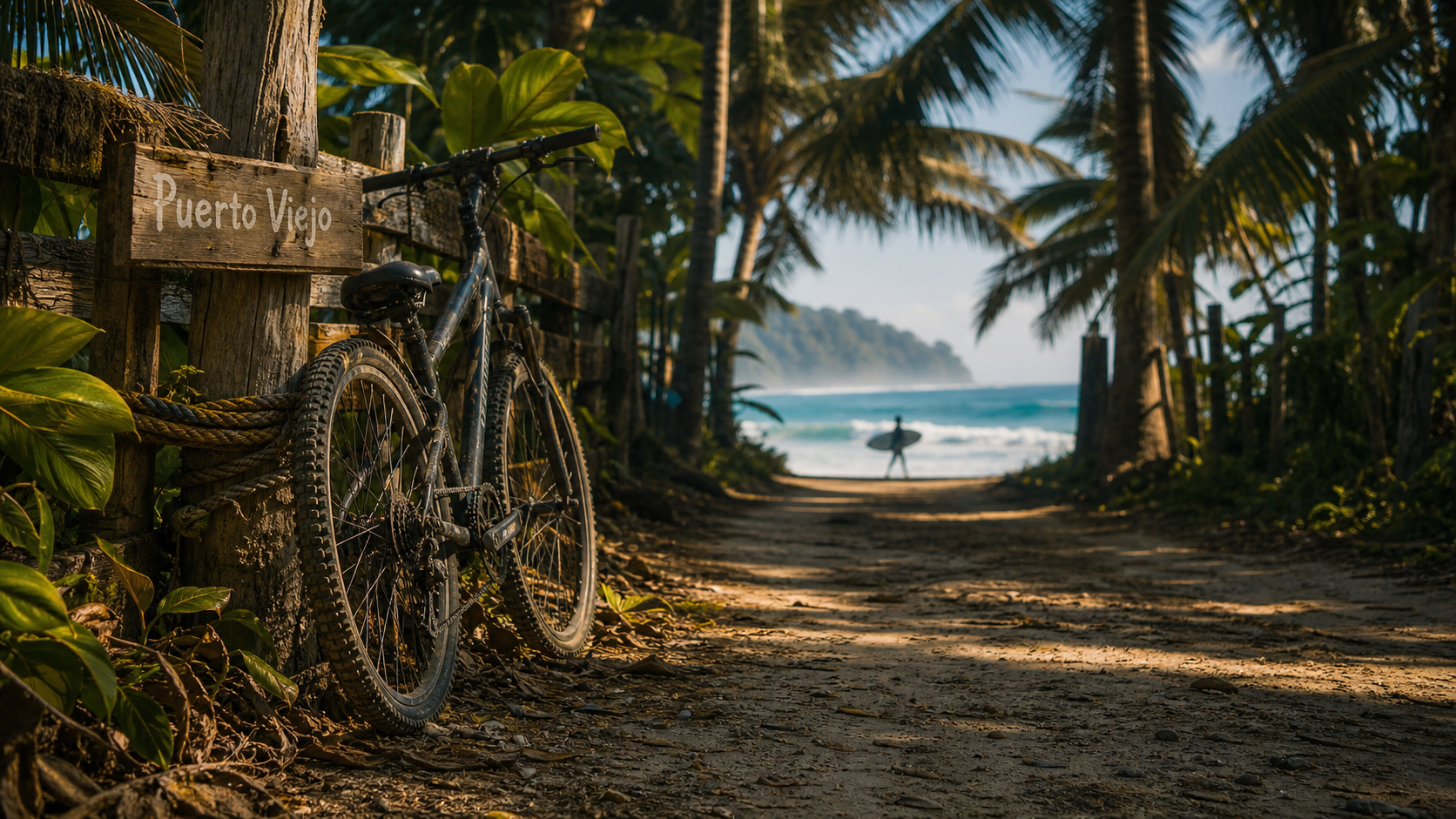 Puerto Viejo : route vers la plage, cocotiers et eau turquoise