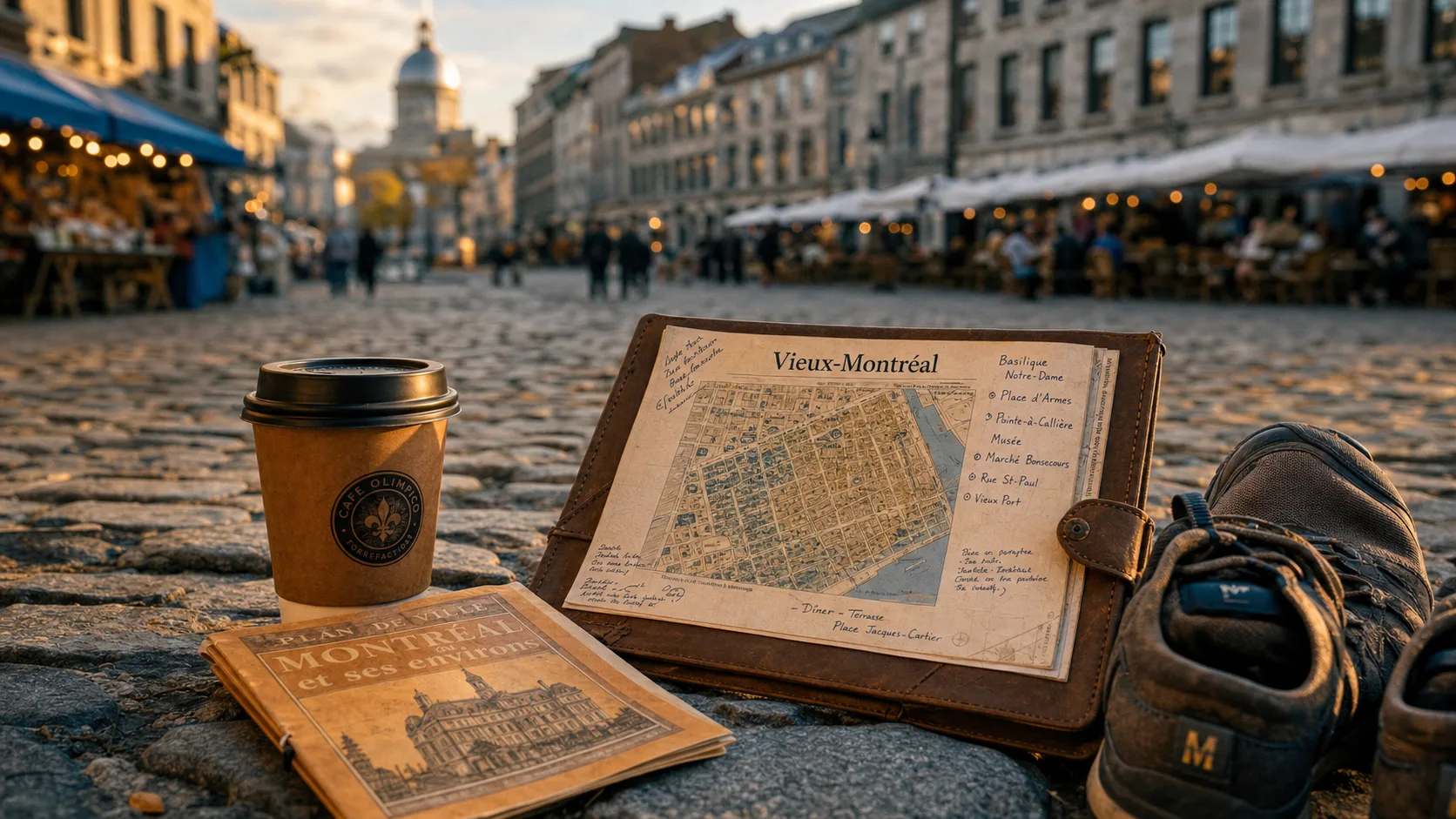 Que faire a montreal au Vieux-Montréal : rue pavée et carte de quartier