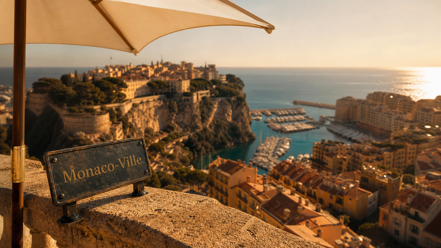 Que faire Monaco : Rocher et Port Hercule au golden hour, vue grand angle