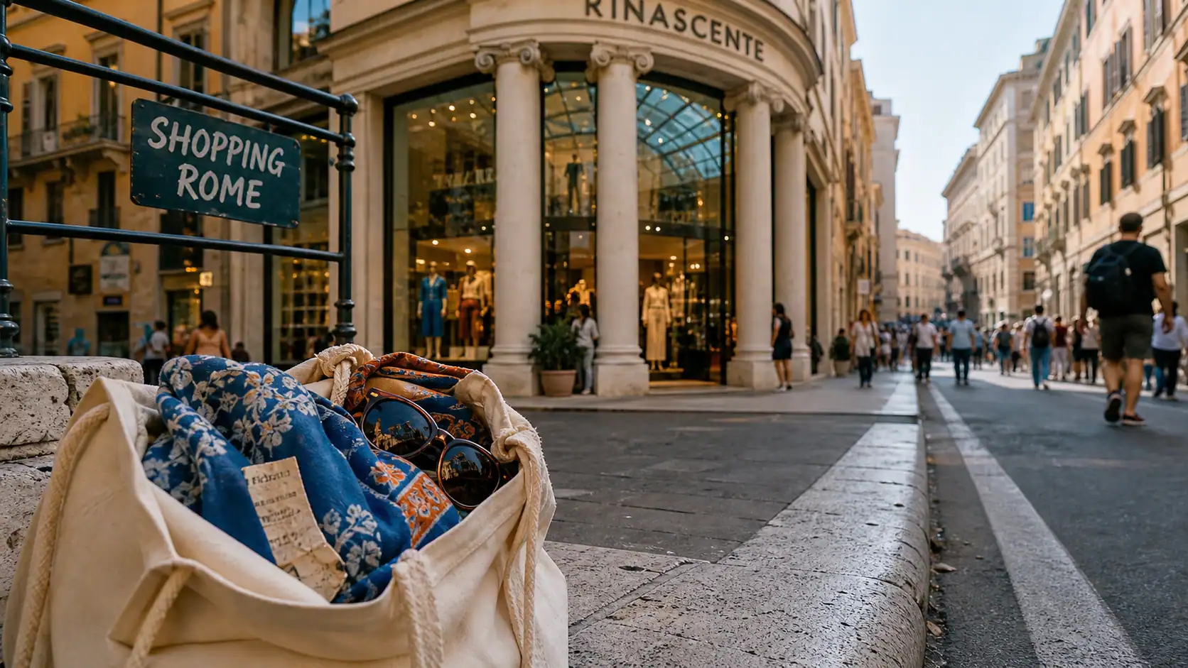 Shopping Rome : sac en toile et grand magasin, Via del Corso
