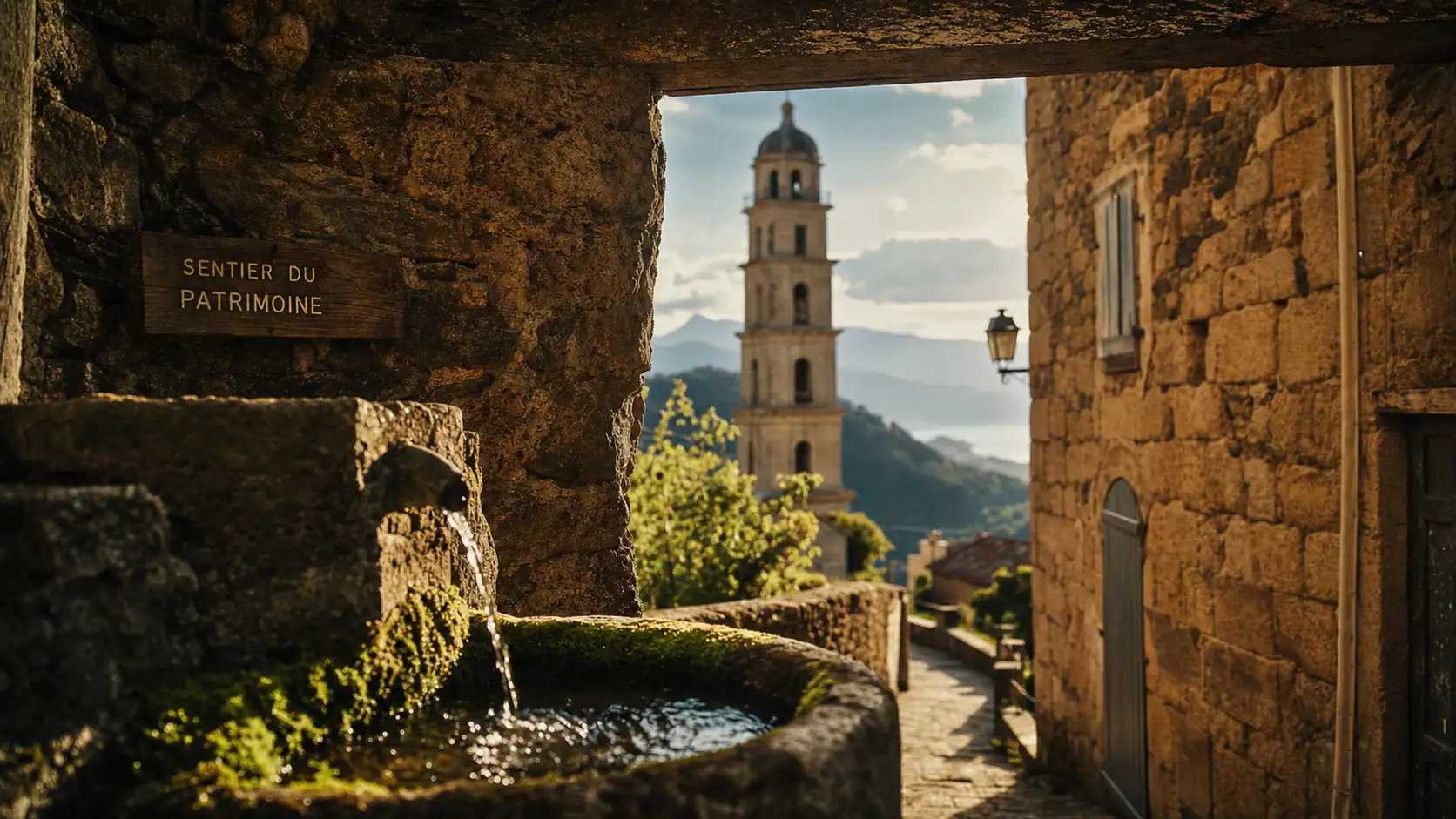 Sorio corse, ruelle en pierre et église Saint-Philippe Neri