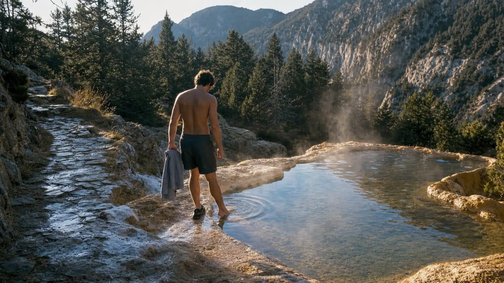 Source chaude pyrénées gratuite à 69°C, accès sauvage à Prats-Balaguer, vasque naturelle