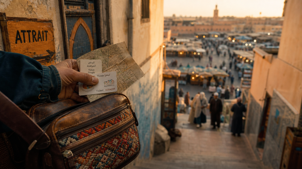 Touristes Marrakech devant la médina, Jemaa el-Fna en arrière-plan
