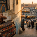 Touristes Marrakech devant la médina, Jemaa el-Fna en arrière-plan