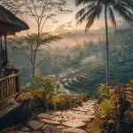 Ubud City Bali : rizières de Tegalalang et temple balinais au matin