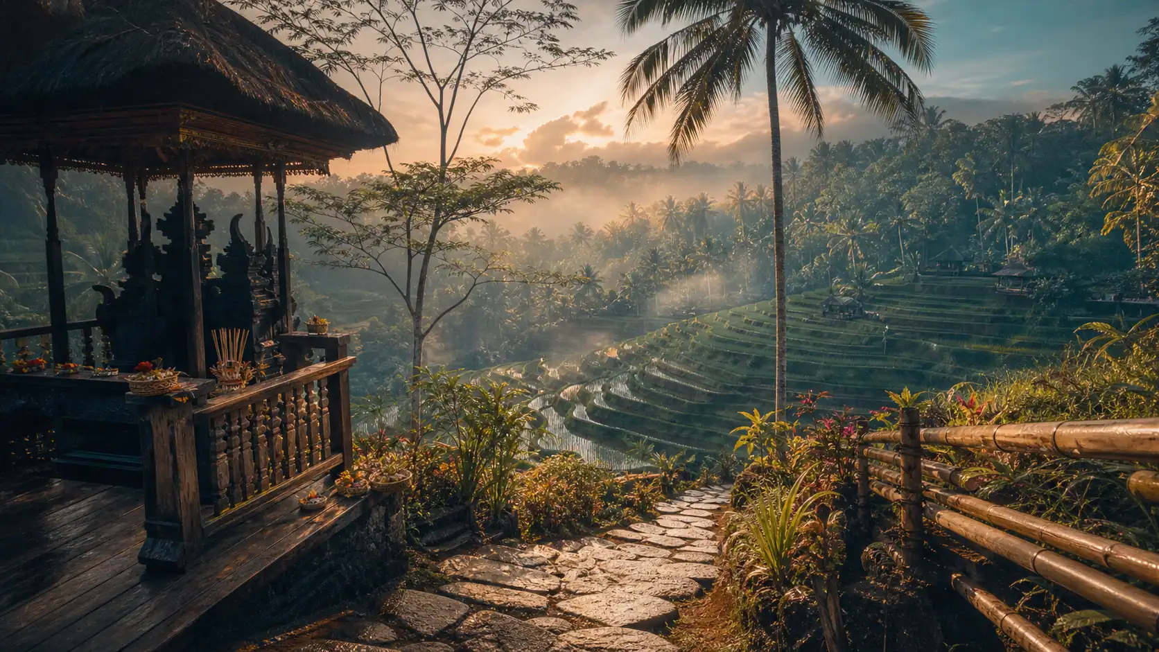 Ubud City Bali : rizières de Tegalalang et temple balinais au matin