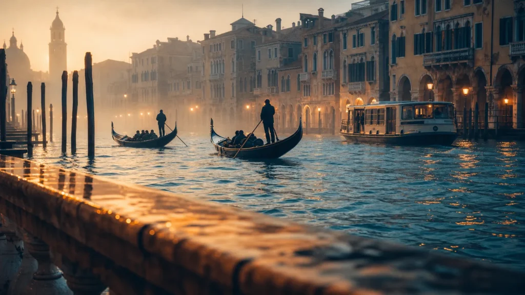 Venise ville : Grand Canal au petit matin, gondoles et vaporetto