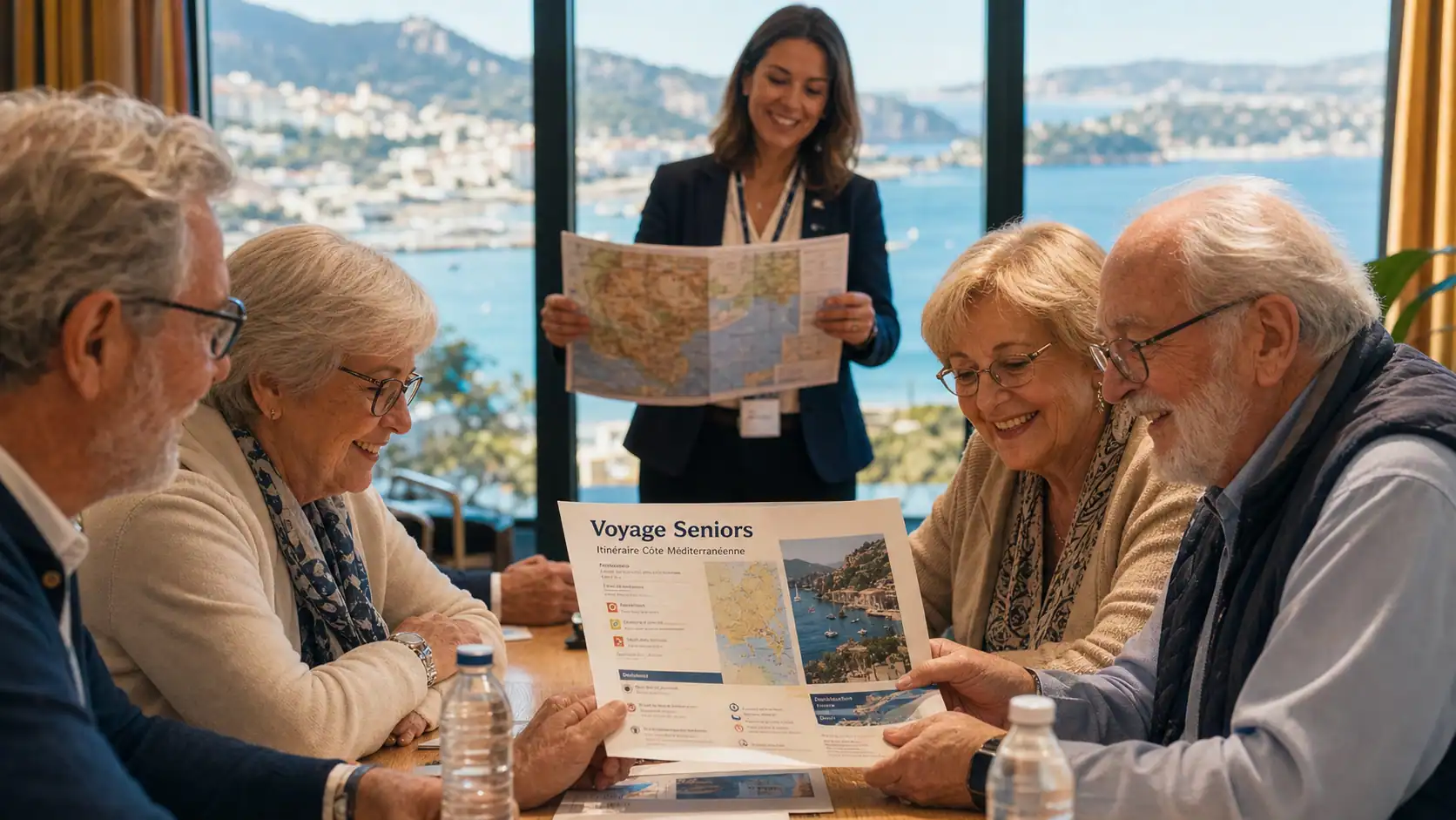 Voyages organisés pour personnes seules 70 ans, seniors ensemble avec guide près de la mer