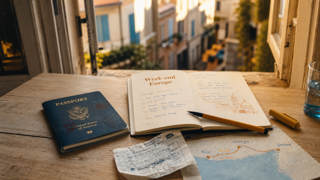 Weekend en Europe : passeport, carnet et itinéraire ensoleillé