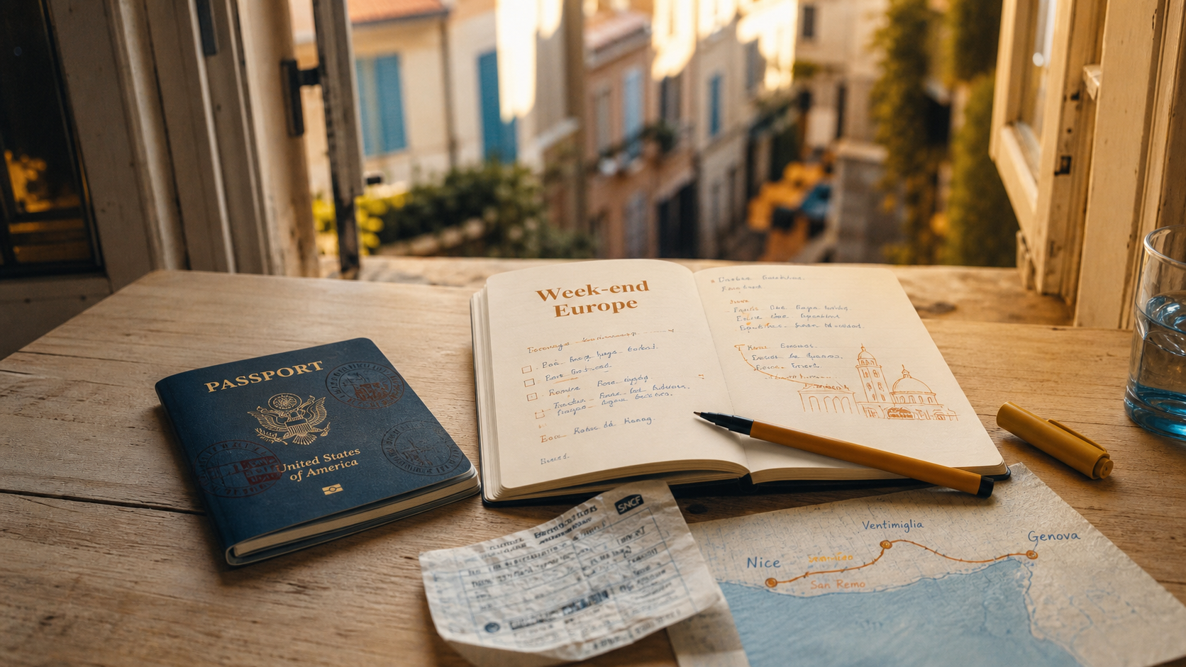 Weekend en Europe : passeport, carnet et itinéraire ensoleillé