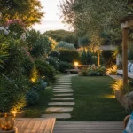 Aménagement jardin rectangulaire : allée en pas japonais et massifs pour éviter l’effet couloir
