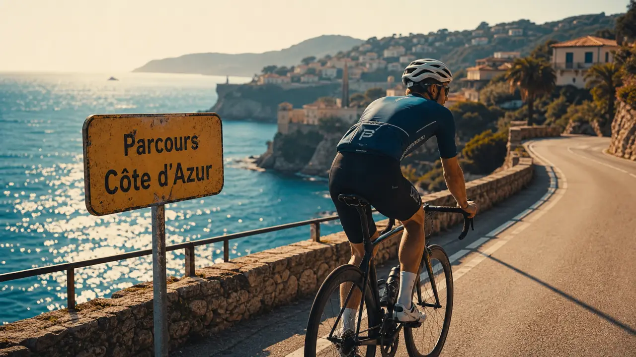 Cote d azur velo : cycliste sur route côtière