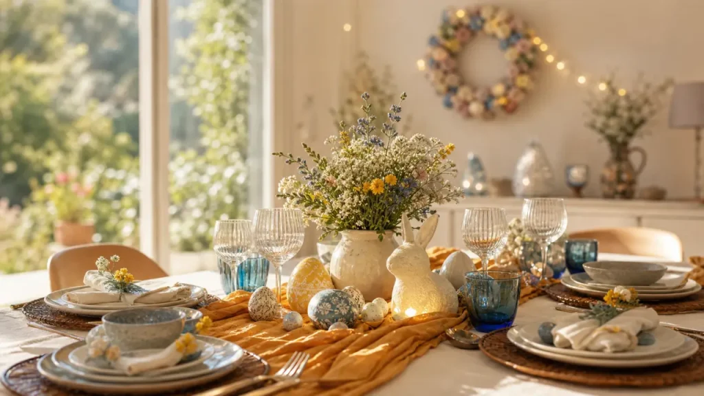 Décoration maison Pâques : table pastel, lapins lumineux et points déco bien placés