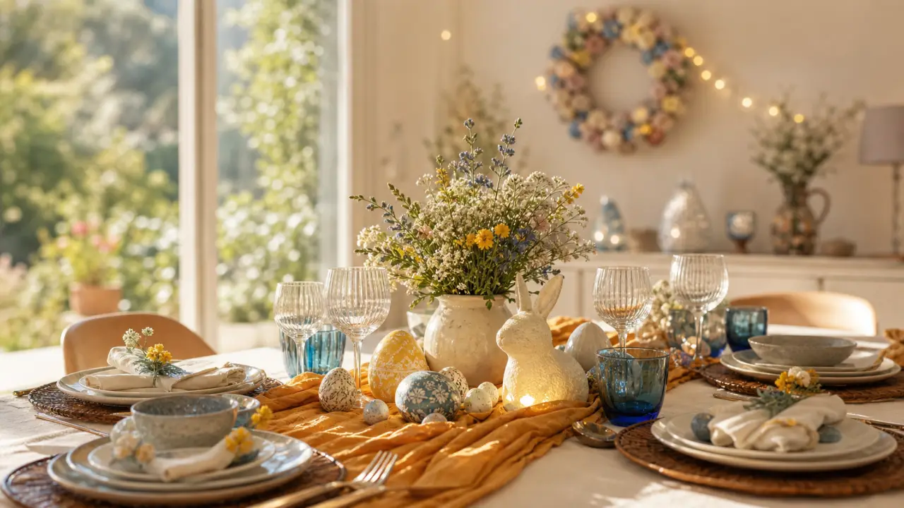 Décoration maison Pâques : table pastel avec lapin lumineux et déco