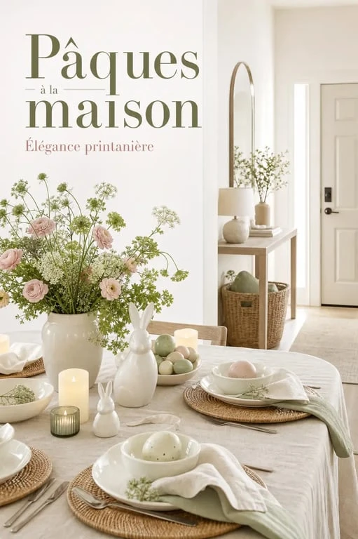 Décoration maison paques élégante avec table de Pâques pastel, fleurs champêtres, lapins en céramique et ambiance printanière dans un intérieur chaleureux
