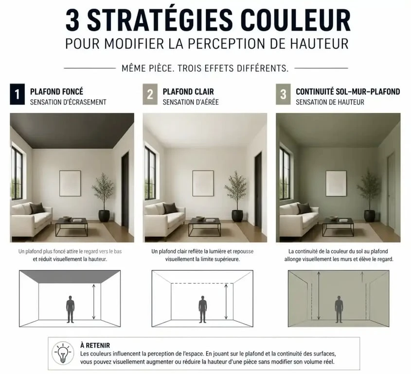 Schéma illustrant l'effet de la couleur du plafond pour agrandir une pièce