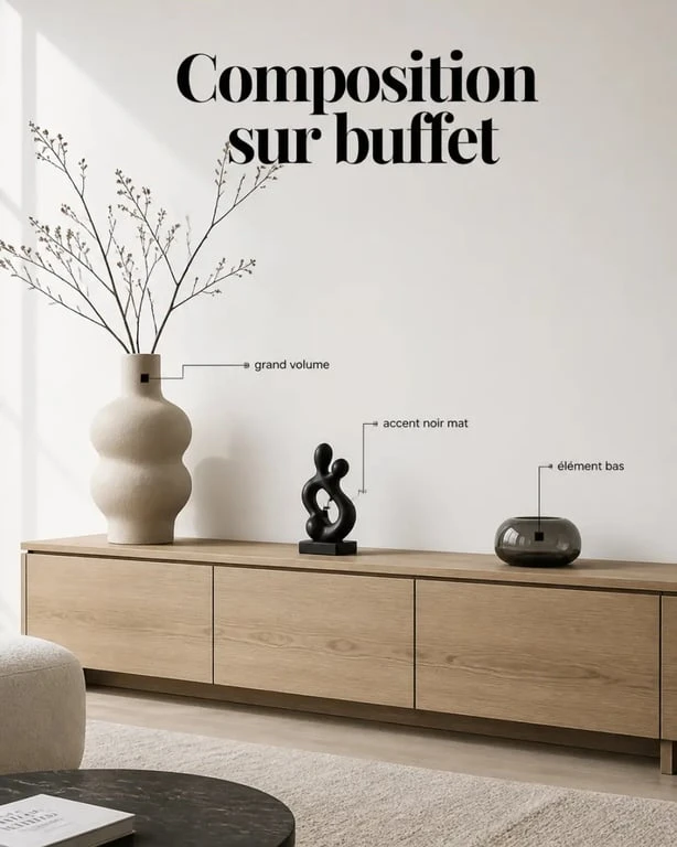 Objet déco design à poser sur meuble sur buffet, composition décorative en situation