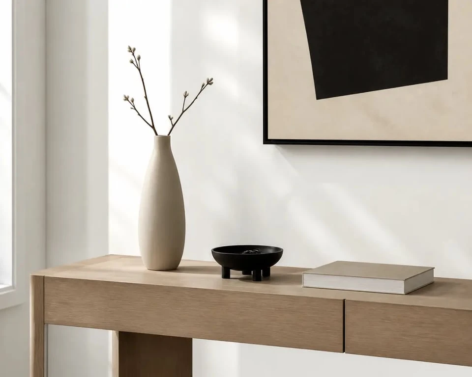 Objet déco design à poser sur meuble sur console d’entrée, mise en situation réaliste
