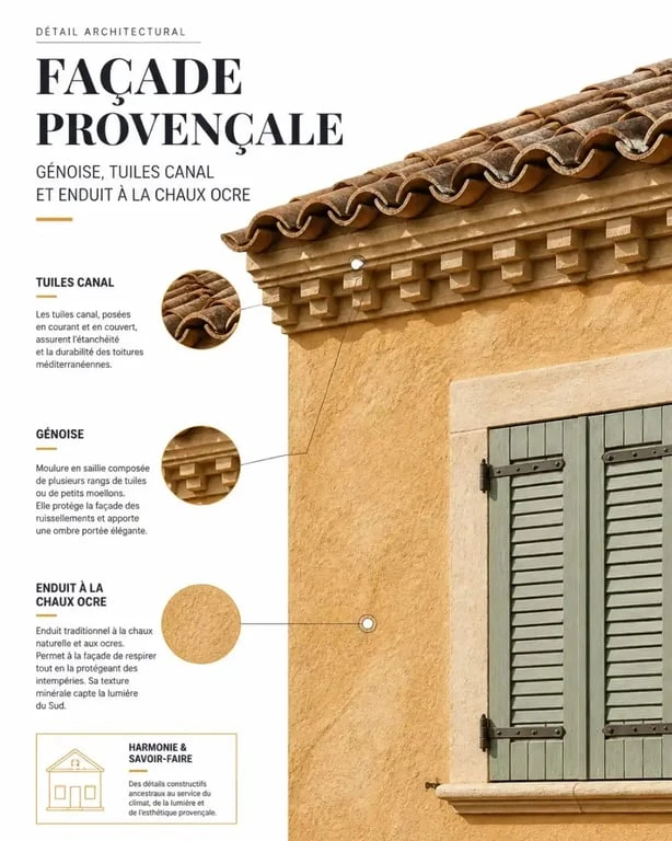 Détails de l'architecture provençale : génoise et enduit à la chaux