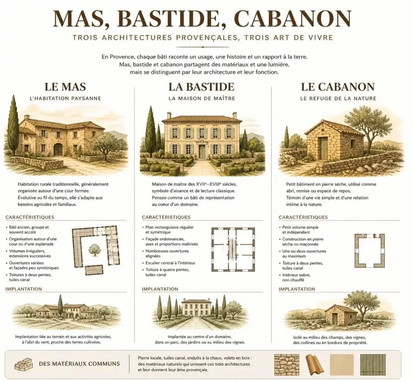 Différences entre mas, bastide et cabanon en architecture provençale