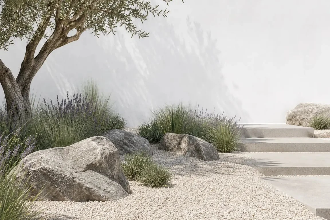 Aménagement paysager deco jardin avec grosses pierres dans un jardin contemporain avec rochers, graviers et graminées