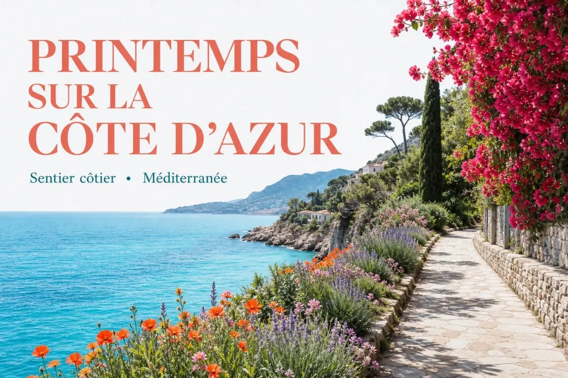 Sentier du littoral sur la Côte d'Azur au printemps avec fleurs méditerranéennes
