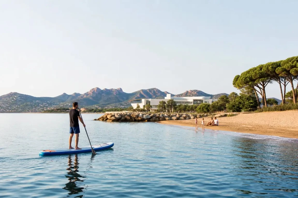 Activité frejus à Fréjus en bord de mer avec paddle, famille et arrière-plan de l'Estérel