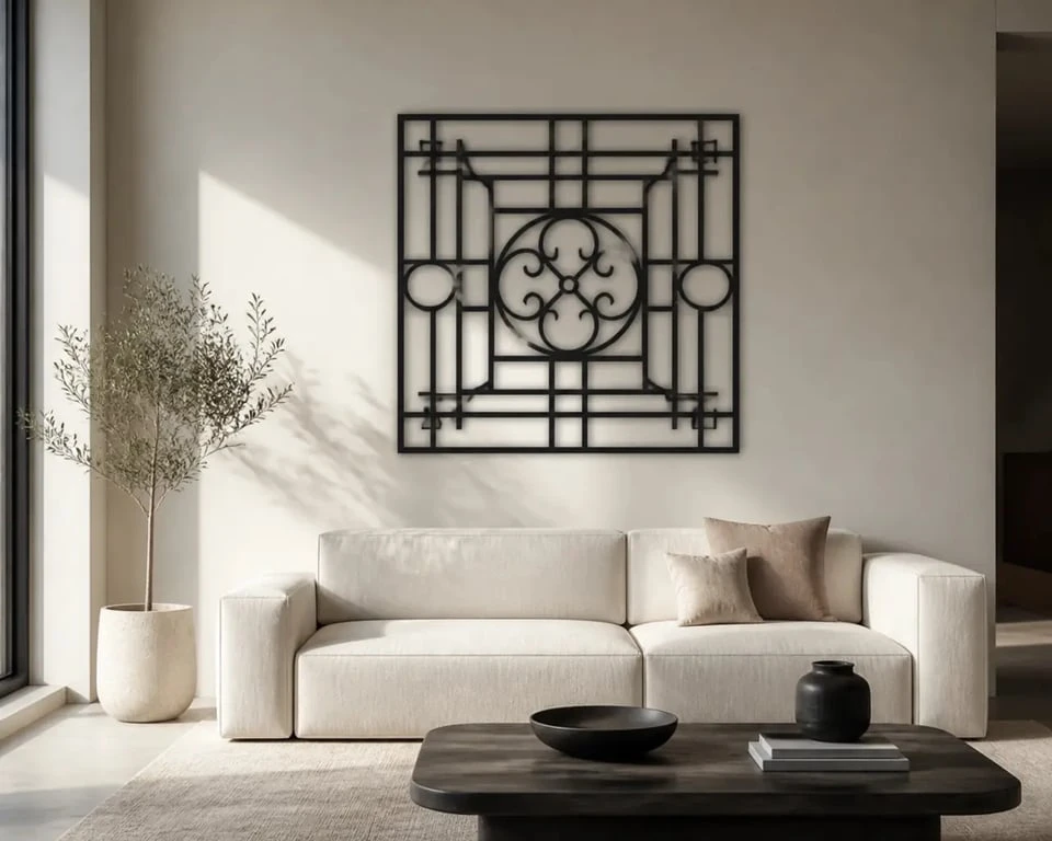 Décoration fer forgé intérieur dans un salon au-dessus d’un canapé clair
