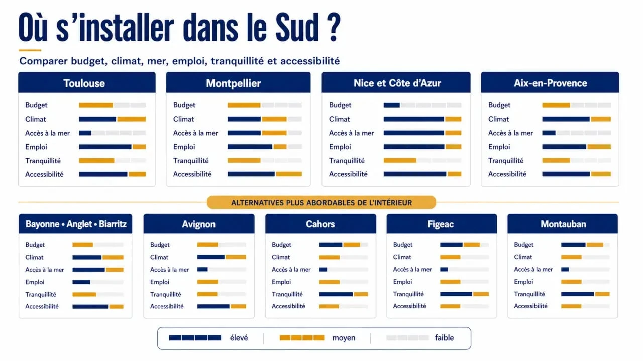 Déménager dans le sud : comparaison visuelle des villes selon budget, climat, mer, emploi et tranquillité
