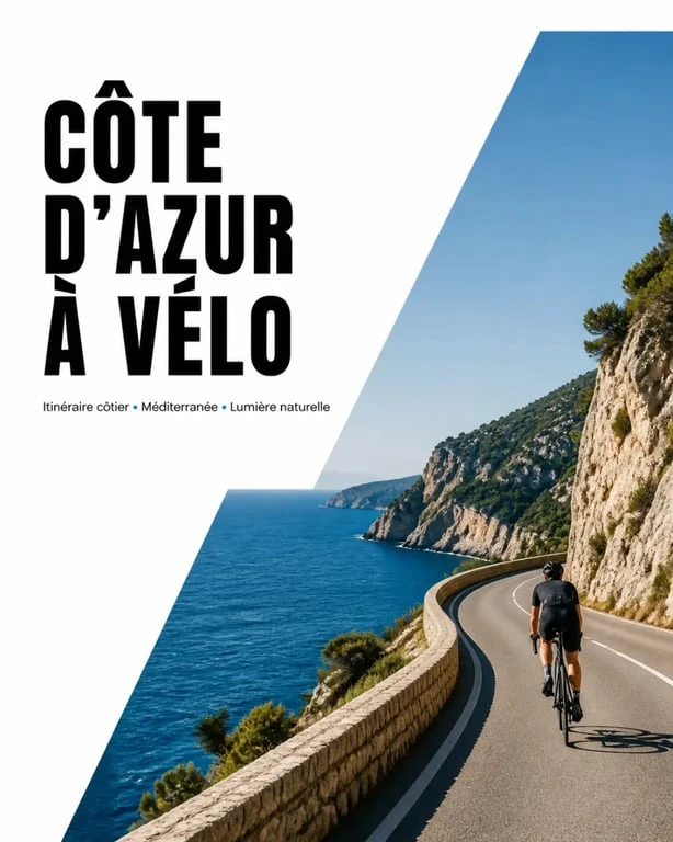 Côte d Azur velo : cycliste sur une route côtière avec vue sur la Méditerranée